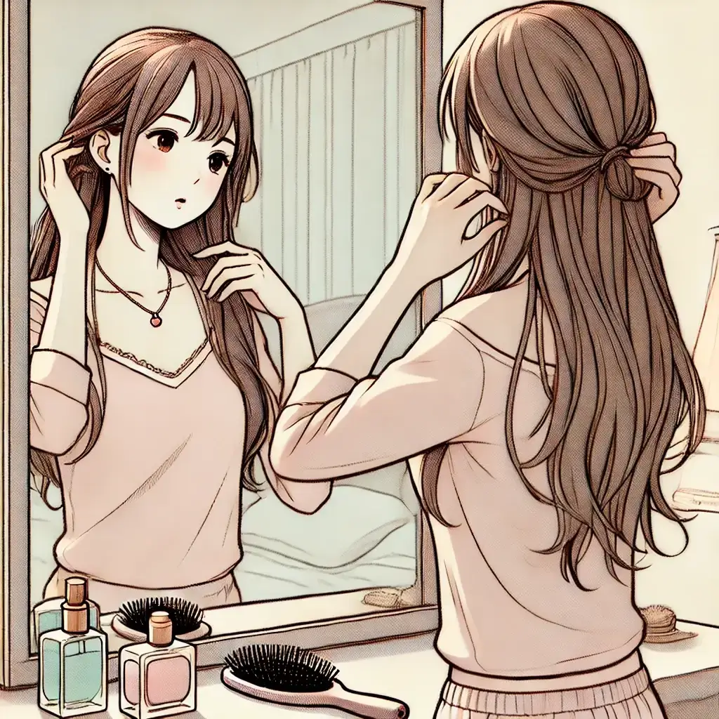 Femme devant un miroir dans un style manga, ajustant ses cheveux avec une expression pensive, illustrant les changements d’humeur pendant la grossesse" 