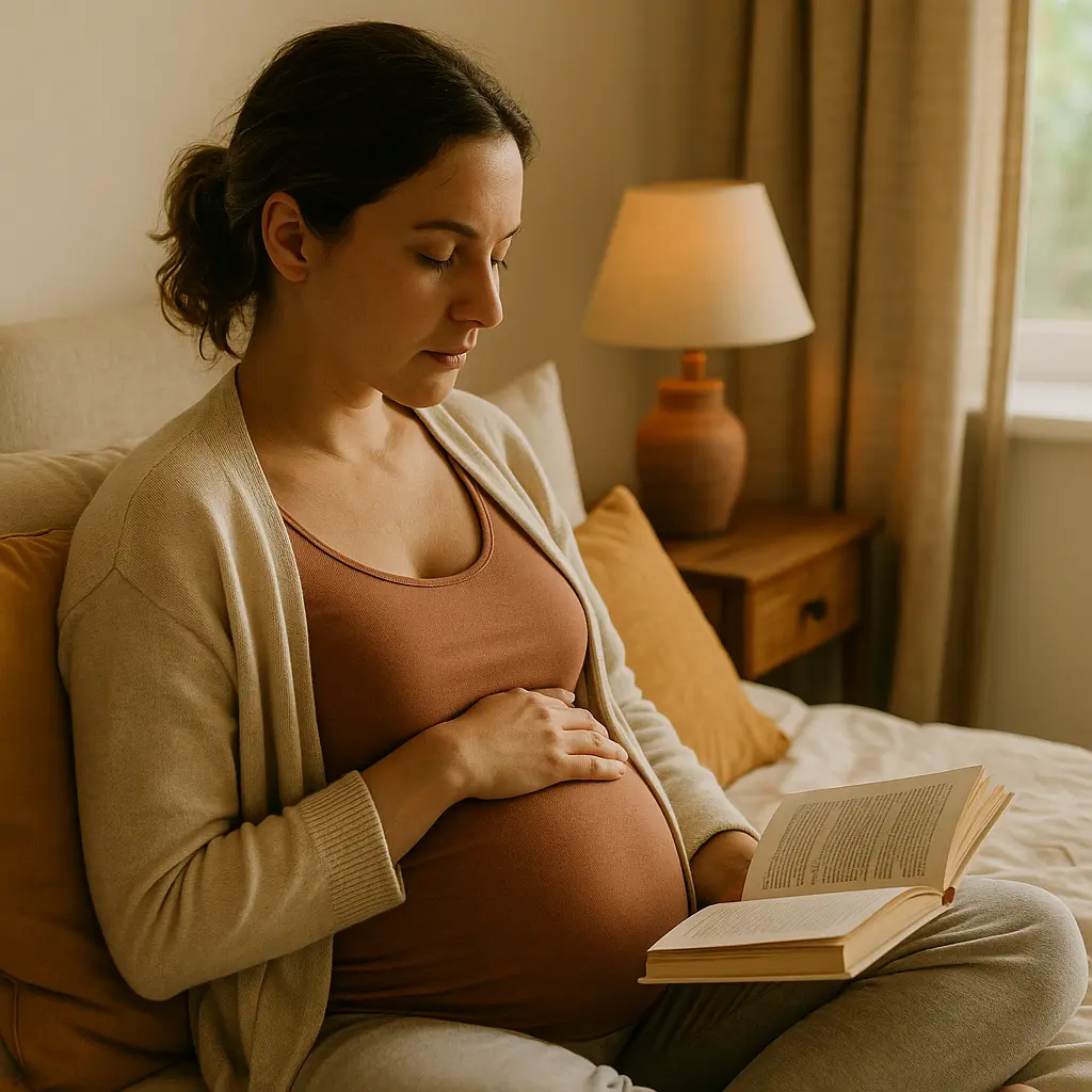 Femme enceinte paisible assise sur un lit cosy, tenant un livre et réfléchissant aux causes des troubles du sommeil pendant la grossesse 