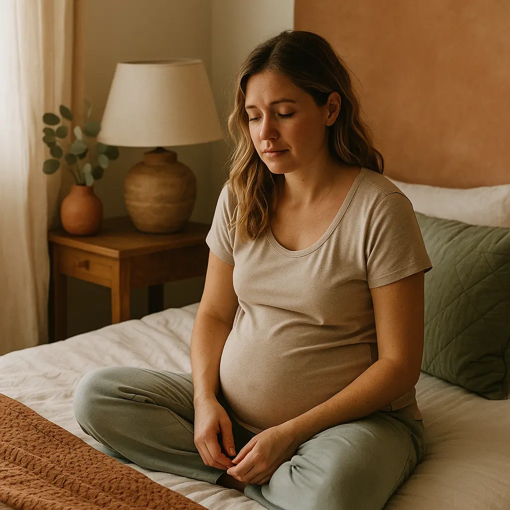 Femme enceinte légèrement fatiguée, assise sur un lit cosy dans une chambre décorée, illustrant les conséquences d’un sommeil perturbé pendant la grossesse