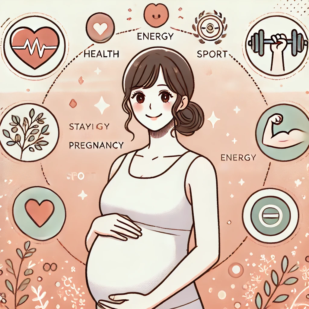 Femme enceinte en débardeur de sport, souriante, avec les mains sur le ventre, entourée de bulles illustrant des symboles liés au sport : cœur, muscle, haltère, et énergie