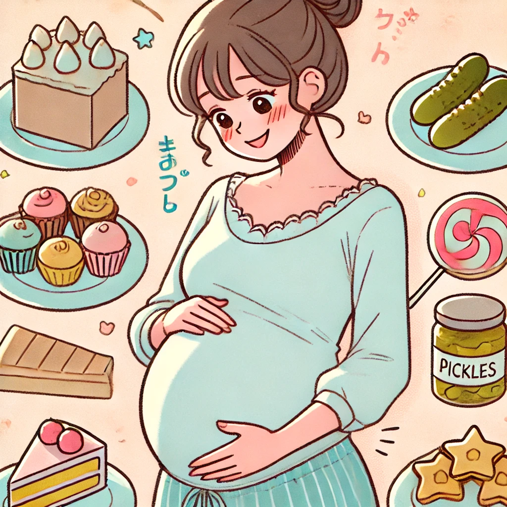 Femme enceinte souriante de style manga entourée d'aliments variés, comme des gâteaux, des sucettes, des cornichons et des cupcakes, illustrant les envies alimentaires pendant la grossesse