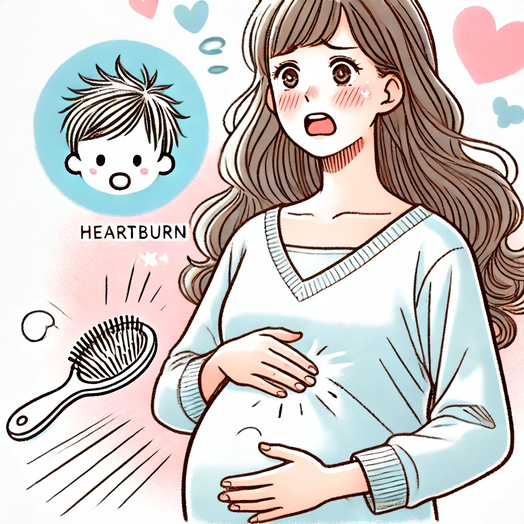 Femme enceinte de style manga ayant l'air de souffrir, avec une brosse à cheveux à côté et une bulle montrant la tête d'un bébé avec beaucoup de cheveux, entourée de petits cœurs et du texte 'Brûlures d'estomac