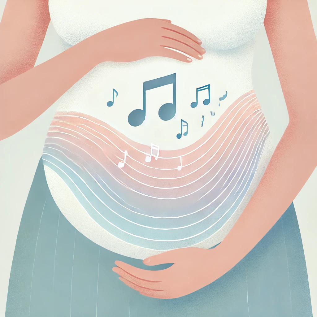 Femme enceinte avec des notes de musique autour du ventre, illustrant la stimulation auditive précoce