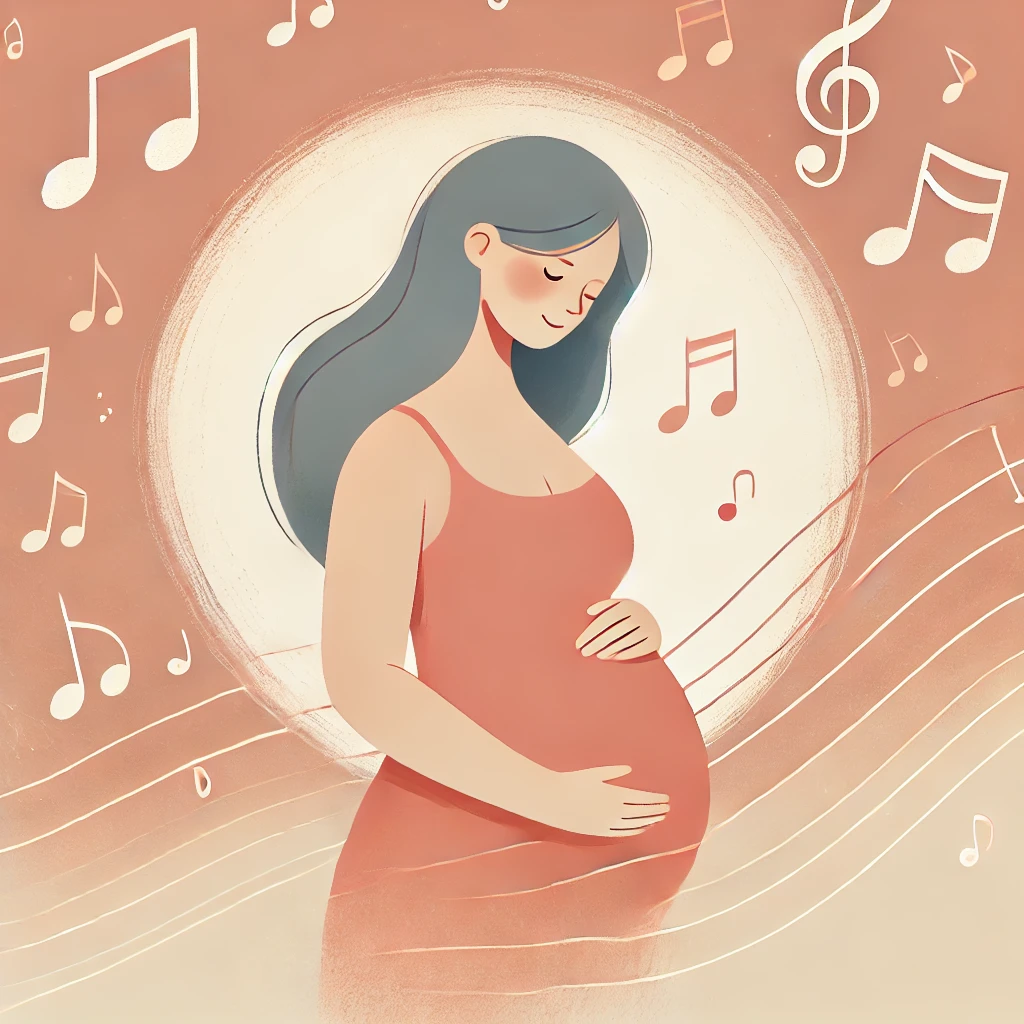 Femme enceinte sereine avec les mains sur le ventre, entourée de notes de musique et d'une auréole, symbolisant la création de liens affectifs avec bébé