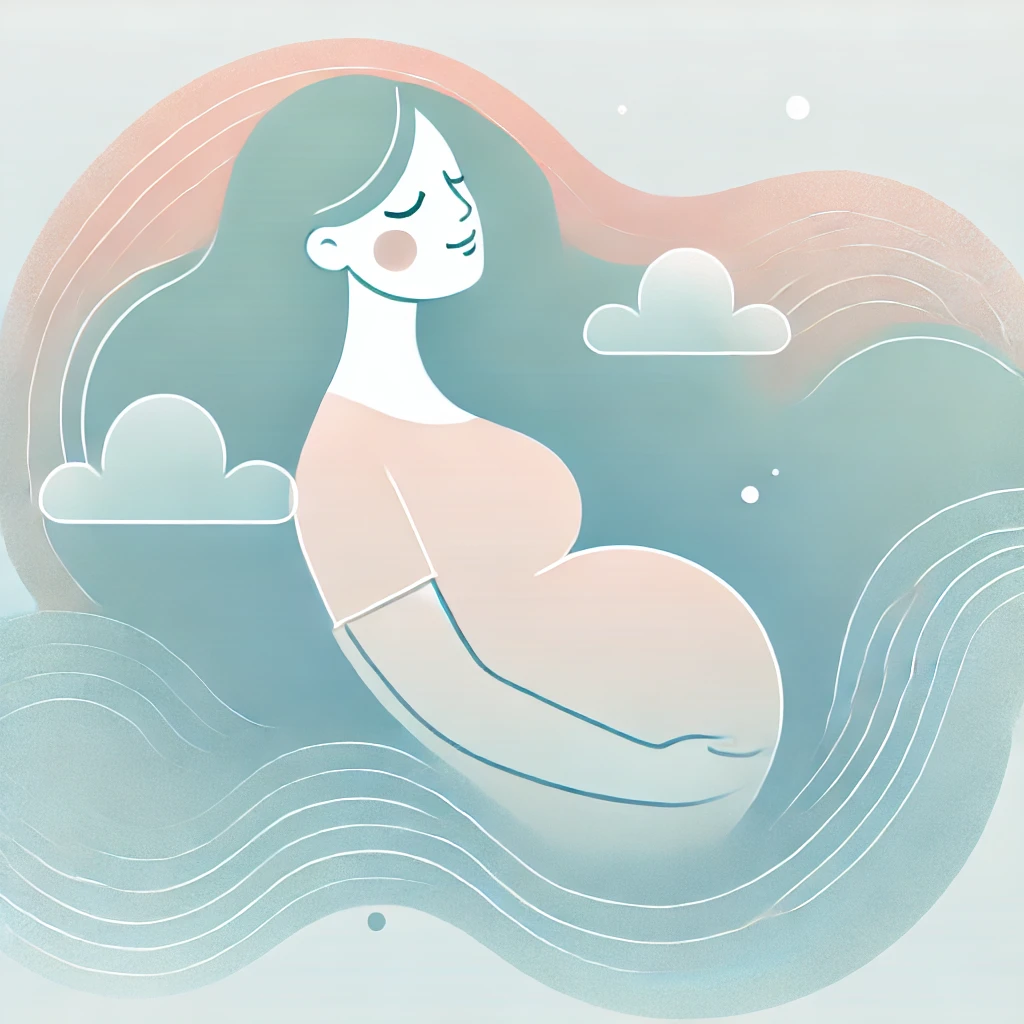 Femme enceinte aux yeux fermés avec les mains sur le ventre, entourée de nuages ​​dans des tons bleus pastel, illustrant l'amélioration du sommeil du fœtus