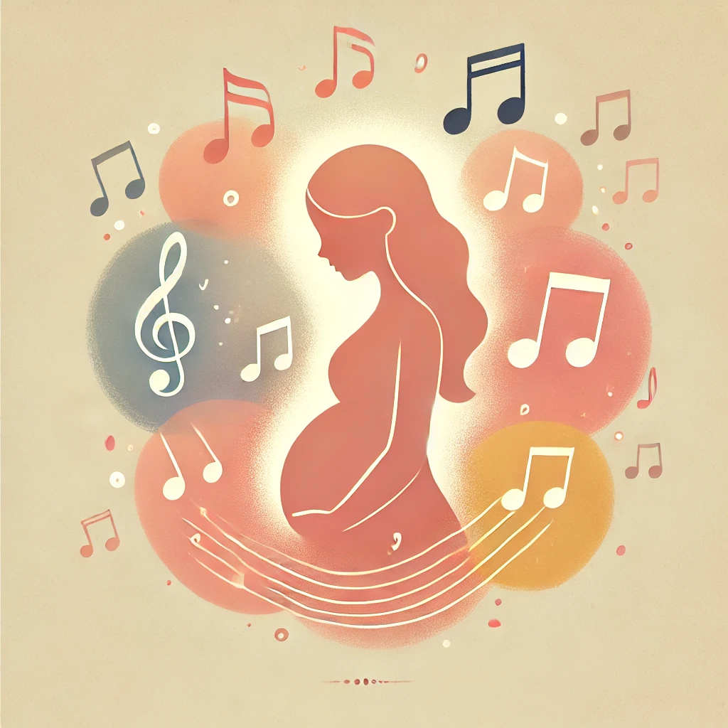 Femme enceinte avec des notes de musique autour, illustrant l'impact positif de la musique sur le développement émotionnel