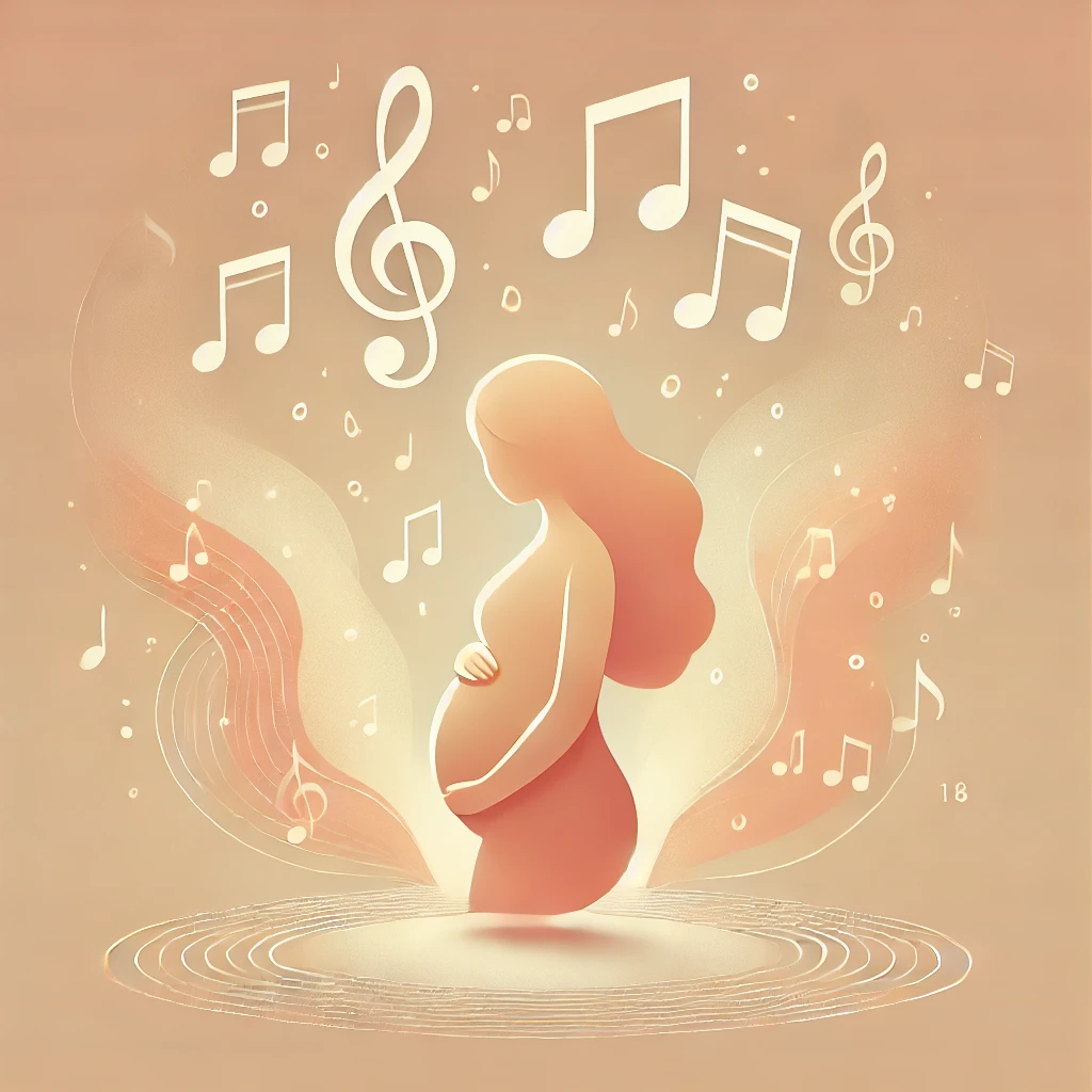 Femme enceinte avec des notes de musique s'élève autour d'elle, dans des tons pastel, créant des ondes