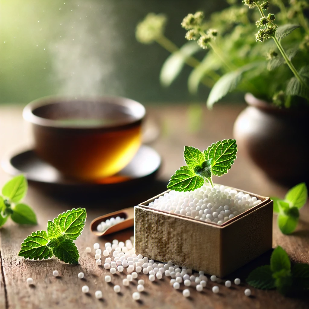 Granules homéopathiques entourées de feuilles de menthe, avec une tasse de tisane à la menthe en arrière-plan