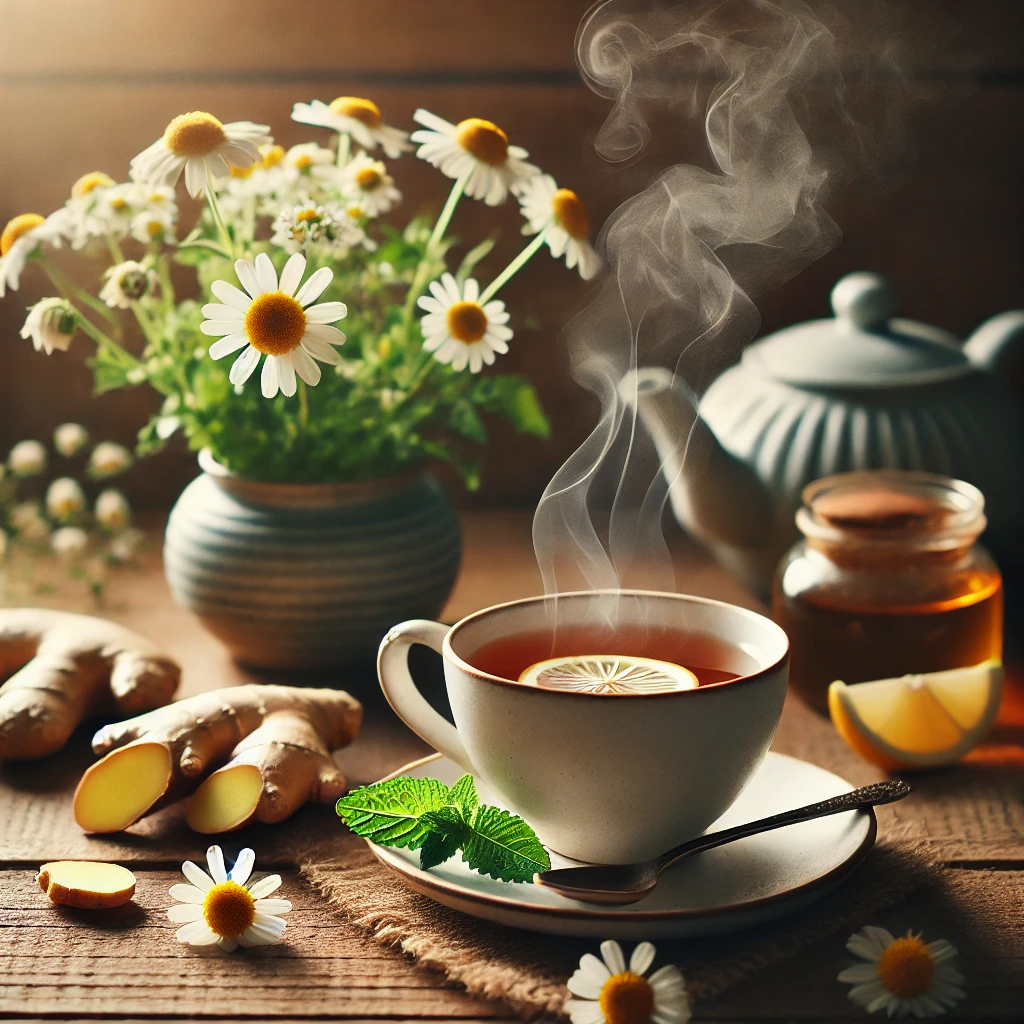 Tasse de thé avec fleurs de camomille, gingembre, miel et citron, représentant la phytothérapie