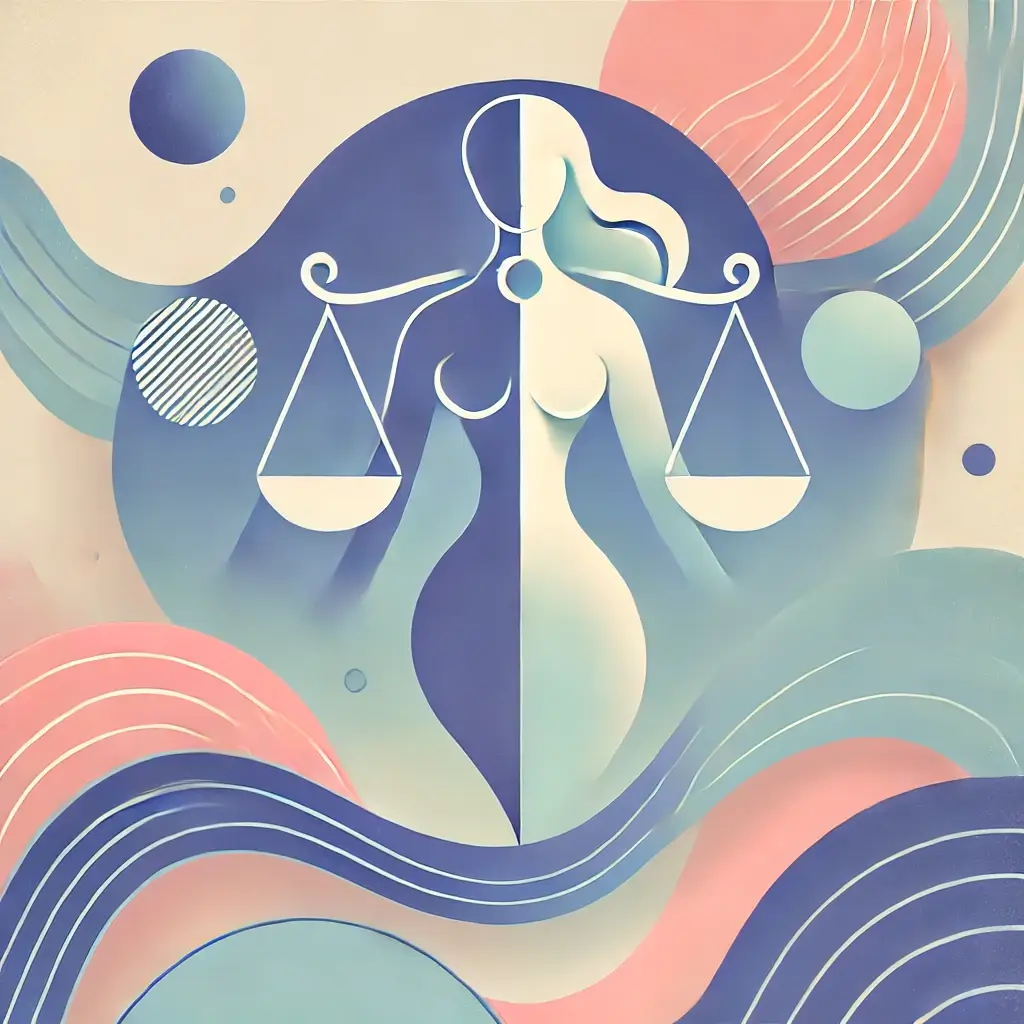 "Illustration abstraite en couleurs pastel représentant une silhouette féminine stylisée, entourée de formes fluides et harmonieuses, symbolisant l'équilibre et l'introspection."