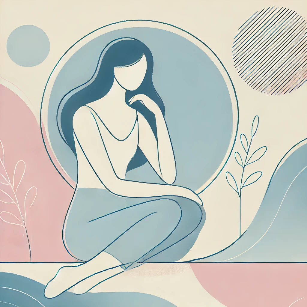 "Illustration minimaliste de style manga d'une femme réfléchissant calmement dans un environnement pastel serein, sans texte, symbolisant l'introspection et l'équilibre."