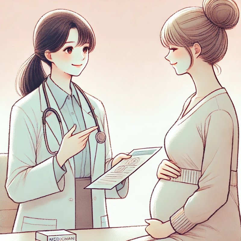 Illustration en style manga d'une femme enceinte en consultation avec un médecin ou une sage-femme. Le professionnel montre une liste ou une boîte de médicaments, mettant en avant l'importance de discuter des traitements pendant la grossesse. L'image utilise des tons pastel doux comme le rose et la crème, créant une atmosphère chaleureuse et bienveillante 