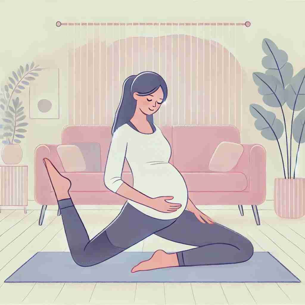 Une femme enceinte assise sur un tapis de yoga, réalisant un étirement des ischio-jambiers. Une jambe est tendue, l'autre pliée, et elle s'incline doucement vers la jambe tendue avec une expression étendue. L'environnement est lumineux, avec des tons pastel et une décoration minimaliste, mettant l'accent sur le bien-être et la détente.