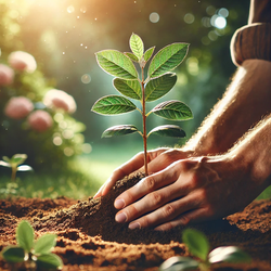 Plantation d'un jeune arbre dans un jardin, une tradition normande pour célébrer la naissance d'un enfant.