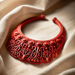 Collier en corail rouge sur un tissu doux, illustrant la tradition corse de protection pendant la grossesse.