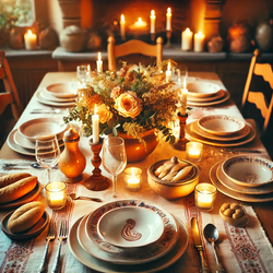 Table festive avec des plats traditionnels, représentant la tradition lorraine de célébrer une grossesse avec un repas convivial