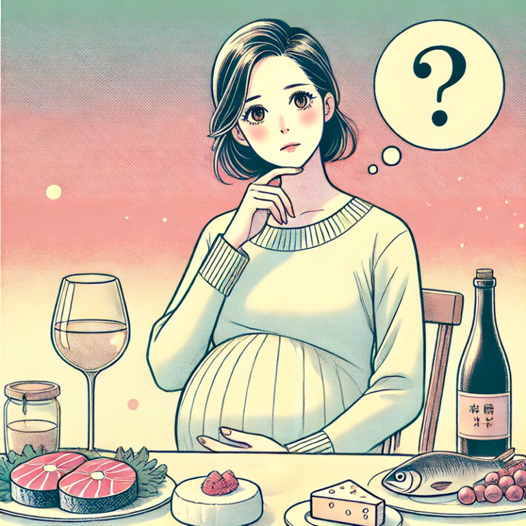 Illustration manga d'une femme enceinte assise à une table, entourée d'aliments tels que du poisson cru, du fromage à pâte molle et un verre de vin, dans une ambiance pastel douce et chaleureuse. L'image exprime une réflexion sur les aliments à éviter pendant la grossesse.