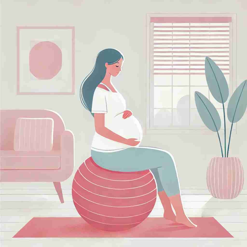 Une femme enceinte assise sur un ballon de grossesse, effectuant une rotation douce du bassin. L'image illustre un exercice simple pour soulager le mal de dos pendant la grossesse, dans un environnement paisible et lumineux, avec des tons pastel et une plante en arrière-plan.