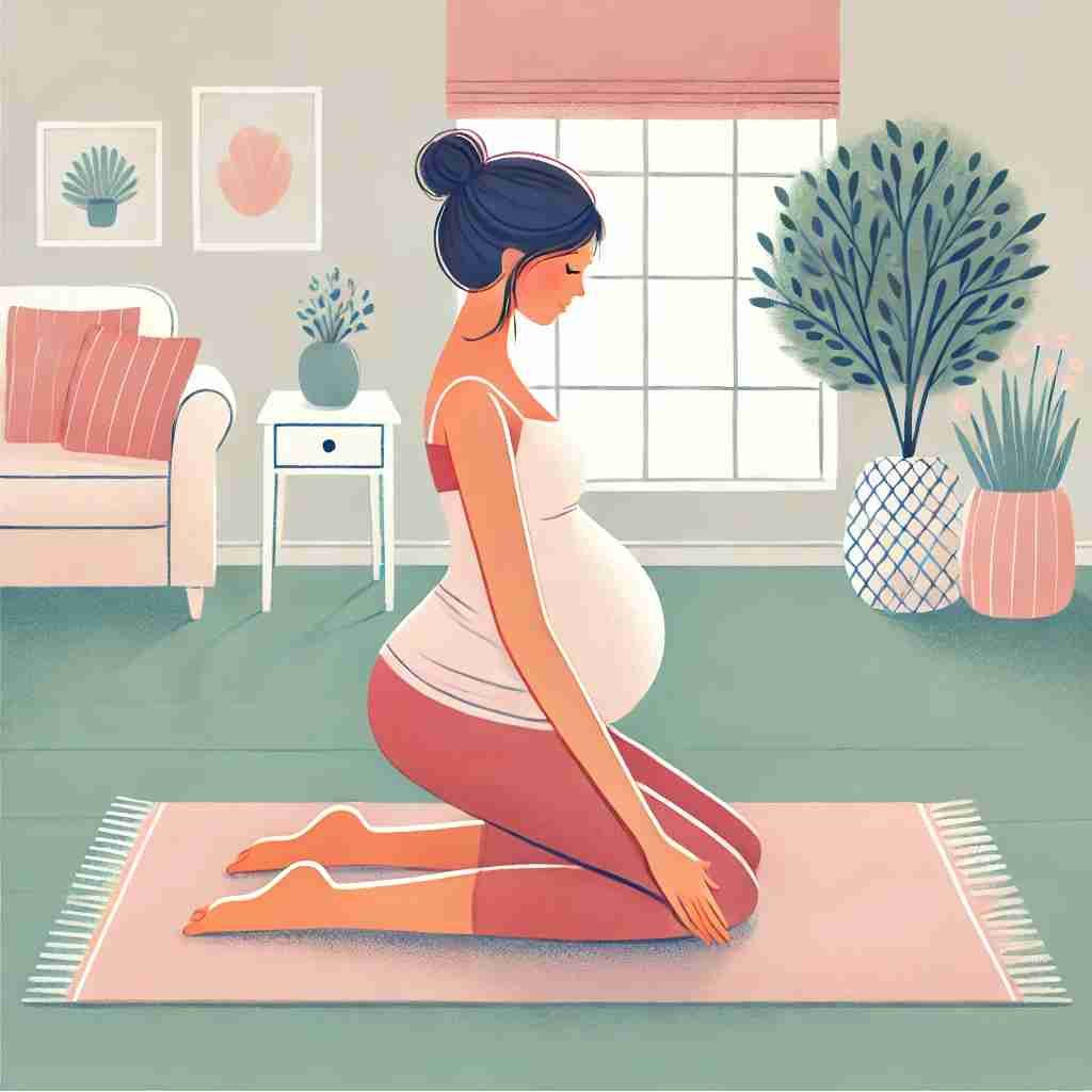 "Une femme enceinte pratiquant la posture modifiée de l'enfant sur un tapis de yoga, avec les genoux écartés pour accueillir son ventre. L'image montre un exercice simple et relaxant pour soulager le mal de dos pendant la grossesse, dans un espace calme et lumineux avec une plante en arrière-plan."