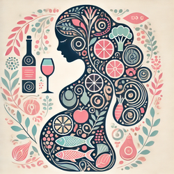 aliments à éviter pendant la grossesse
Illustration symbolique d'une femme enceinte avec une silhouette remplie de motifs alimentaires sains comme des fruits et légumes, et des aliments à éviter comme un verre de vin et du poisson cru représentés à l'extérieur. L'image utilise des tons pastel pour transmettre une ambiance douce et élégante.