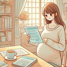 Une illustration en style manga léger d'une femme enceinte lisant un document de la CAF dans un environnement chaleureux et lumineux. Elle est assise à une table entourée de documents et d'une tasse de thé, symbolisant les démarches administratives sereines pendant la grossesse