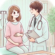 "Une illustration en style manga léger représentant une femme enceinte lors d'une consultation médicale avec un médecin souriant. La scène se déroule dans une salle lumineuse et accueillante, symbolisant le suivi prénatal et les soins bienveillants pendant la grossesse.