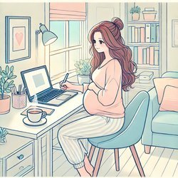 Une illustration en style manga léger d'une femme enceinte travaillant à domicile en tant qu'indépendante. Elle est assise à un bureau confortable avec un ordinateur portable, entourée d'un environnement chaleureux et organisé, incluant une tasse de thé et des fournitures. L'image symbolise la productivité, le confort et la sérénité pendant la grossesse.