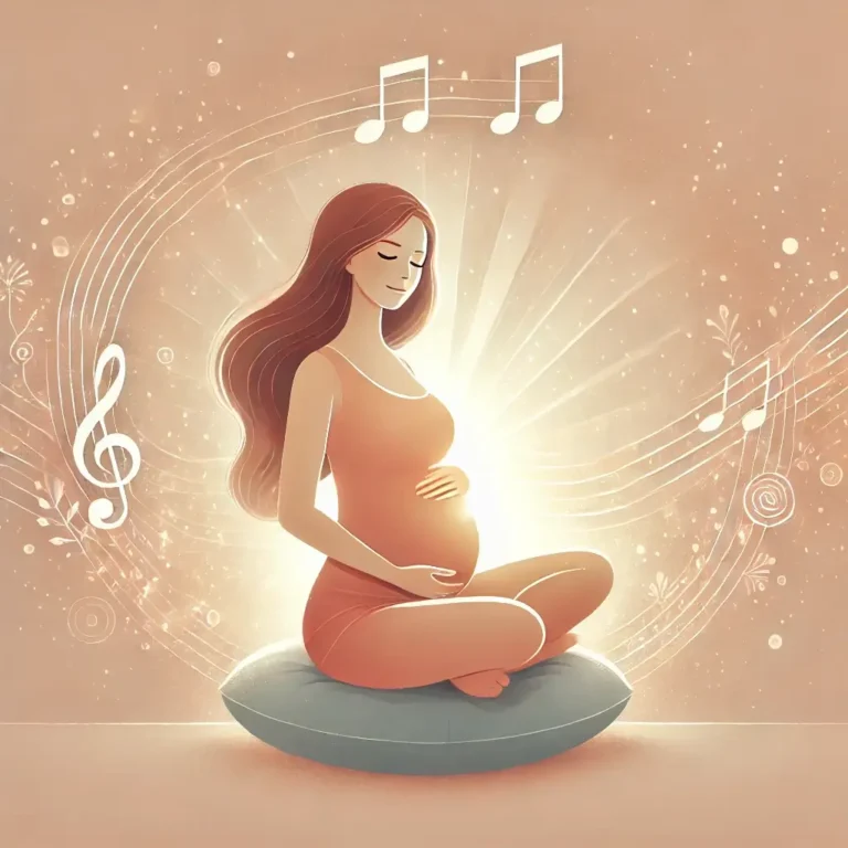 Illustration douce et chaleureuse d'une femme enceinte pratiquant le chant prénatal, entourée de notes musicales et d’une atmosphère relaxante en tons pastel, symbolisant le bien-être et la connexion avec bébé.