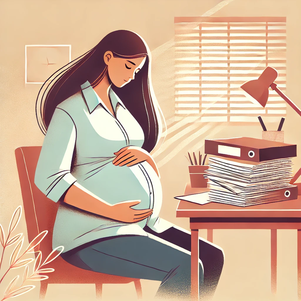 Illustration d'une femme enceinte assise à un bureau, touchant son ventre pour se calmer, entourée de papiers empilés. Représente l'équilibre à trouver pour éviter le surmenage pendant la grossesse.