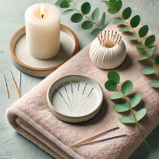 Acupuncture pendant la grossesse - Gros plan sur des aiguilles posées sur une serviette, accompagnées de feuilles vertes et d’une bougie, pour une illustration minimaliste et apaisante.