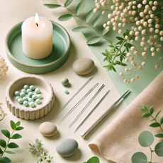 Accessoires minimalistes comme des aiguilles et des bougies entourées de pierres et de verdure, représentant le calme et le bien-être.