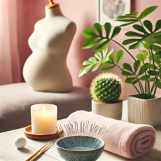Acupuncture pendant la grossesse - Une table préparée avec des aiguilles, une serviette pliée et une bougie, dans une ambiance relaxante et zen.