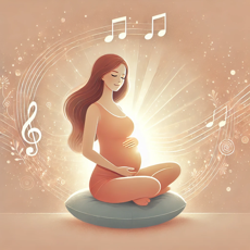 Illustration chaleureuse d'une femme enceinte chantant doucement, assise confortablement, entourée de notes musicales et d'une atmosphère apaisante.