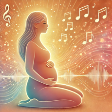 Illustration d'une femme enceinte chantant, entourée de vibrations et de notes musicales, symbolisant la connexion avec son bébé dans un cadre serein.