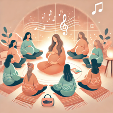 Illustration de groupe de futures mamans pratiquant le chant prénatal en cercle, dans un environnement chaleureux et bienveillant.