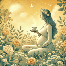 phytothérapie pendant la grossesse
Illustration d'une femme enceinte buvant une tisane dans un jardin fleuri, symbolisant le bien-être naturel pendant la grossesse.