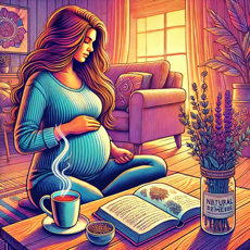 Illustration d'une femme enceinte dans un salon chaleureux, lisant un livre sur les remèdes naturels, avec une tasse de thé sur la table.