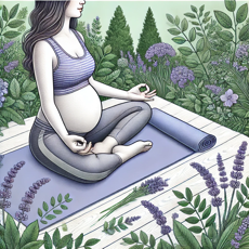 Illustration d'une femme enceinte méditant sur un tapis de yoga dans un jardin, entourée de verdure et de fleurs de lavande.