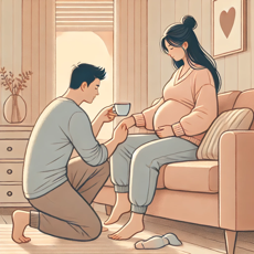 "Illustration d'un futur papa offrant une tasse de thé à la future maman enceinte, assise sur un canapé, dans une ambiance chaleureuse et réconfortante."