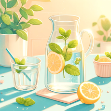 Carafe d’eau infusée avec citron et menthe sur une table lumineuse, idéale pour représenter une boisson rafraîchissante pendant la grossesse.