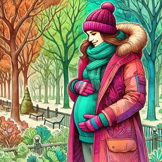 "Illustration colorée et artistique d'une femme enceinte debout dans un parc en hiver, portant un manteau épais, une écharpe et des gants. L'ambiance est chaleureuse et sereine, idéale pour représenter le thème de la grossesse hivernale."