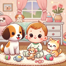 Préparer un animal à bébé
"Illustration kawaii d'un bébé assis sur un tapis entouré de jouets, avec un chat curieux et un chien joueur dans un décor chaleureux."