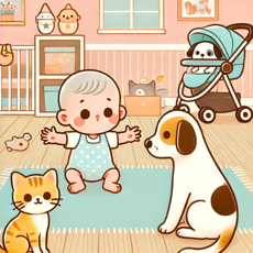 "Illustration kawaii d’un bébé tendant la main vers un chat curieux, avec un chien calme observant dans une pièce chaleureuse et pastel."