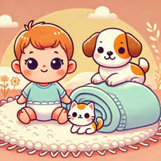 "Illustration kawaii d’un bébé assis sur un tapis, avec un chien protecteur allongé à côté et un chat curieux regardant depuis une couverture, dans une ambiance chaleureuse et pastel."
