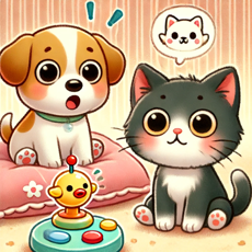 "Illustration kawaii d’un chien curieux et d’un chat joueur réagissant à un jouet pour bébé faisant du bruit."