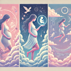 "Illustration artistique d'une femme enceinte entourée de nuages doux, divisée en trois scènes représentant différents types de rêves pendant la grossesse : un bébé lumineux, une situation chaotique, et des symboles comme des animaux et de l'eau, dans une ambiance magique avec des tons pastel.