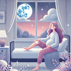"Illustration sereine d'une femme enceinte allongée dans son lit, surprise par une crampe dans son mollet, dans une ambiance douce éclairée par une lune lumineuse et des éléments oniriques comme des nuages et des éclats lumineux, dans des tons pastel."