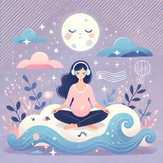 "Illustration sereine d'une femme enceinte assise en tailleur sur un nuage, portant des écouteurs, entourée d'étoiles, d'une lune lumineuse et de symboles oniriques comme des vagues et des éclats de lumière, suggérant relaxation et musique pour mieux dormir pendant la grossesse, dans des tons pastel doux."