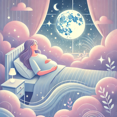 "Illustration sereine d'une femme enceinte dormant paisiblement dans son lit, entourée de nuages doux et lumineux, avec une lune brillante visible à travers la fenêtre, symbolisant le soulagement des crampes nocturnes pendant la grossesse."