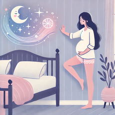 "Illustration artistique et sereine d'une femme enceinte debout près de son lit, étirant doucement sa jambe contre un mur pour prévenir les crampes musculaires. L'ambiance est douce et relaxante, avec des tons pastel comme lavande, bleu clair et rose pâle."